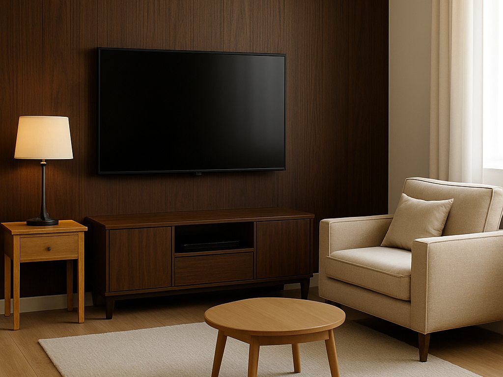 Sala com parede revestida em lastra EspaçoWall Wood
